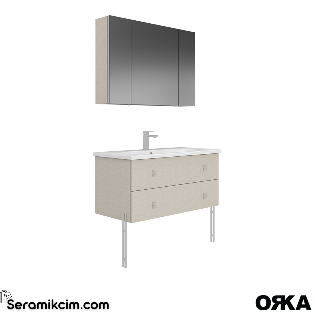 Orka Milazzo 100cm Dolaplı Ayna Ayaklı Banyo Dolabı Set Callisto Krom Detay