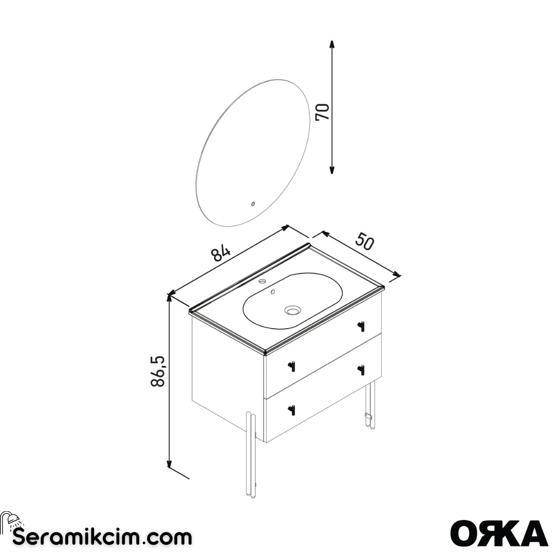 Orka Milazzo 100cm Dolaplı Ayna Ayaklı Banyo Dolabı Set Callisto Altın Detay
