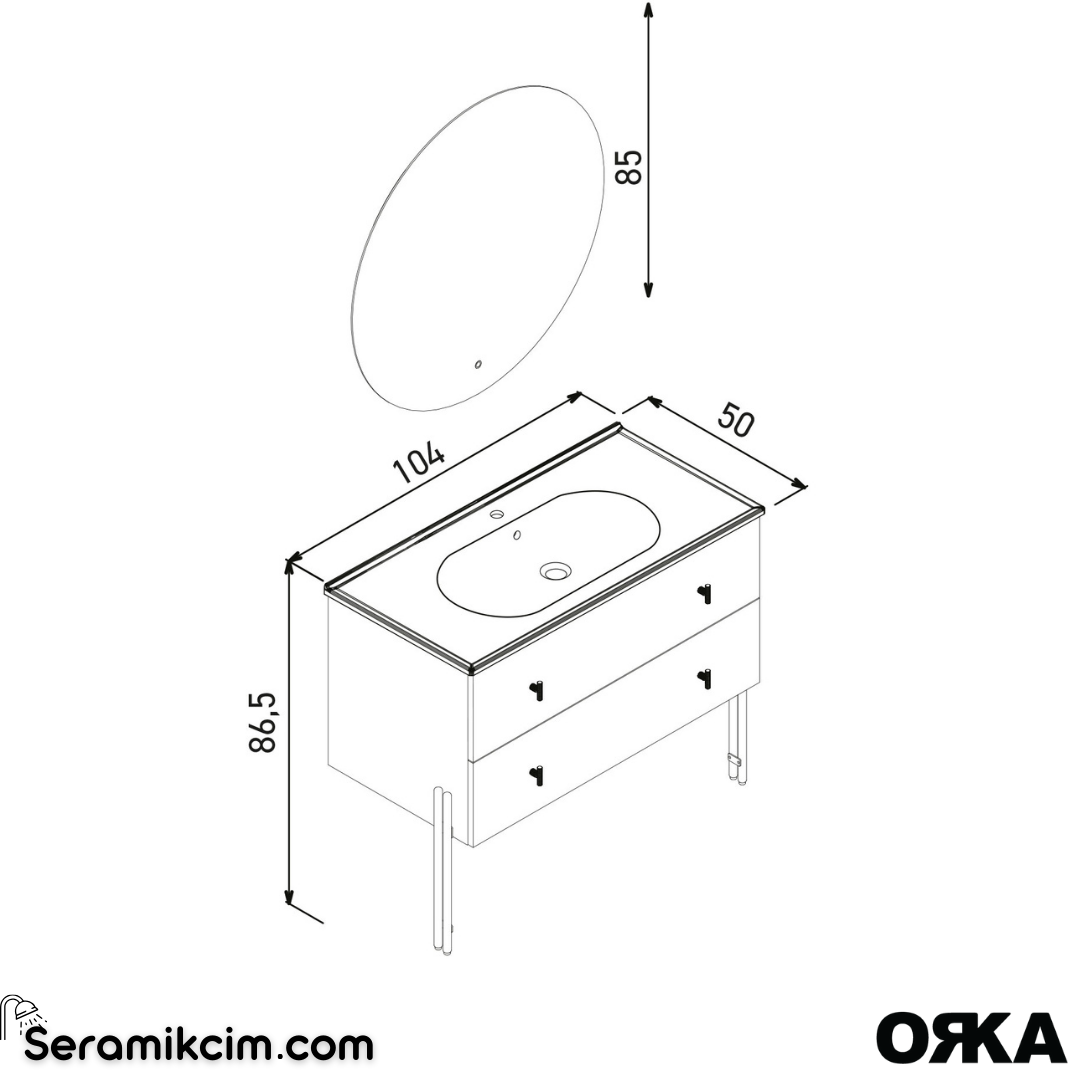 Orka Milazzo 100cm Ledli Ayna Ayaklı Banyo Dolabı Set Callisto Altın Detay