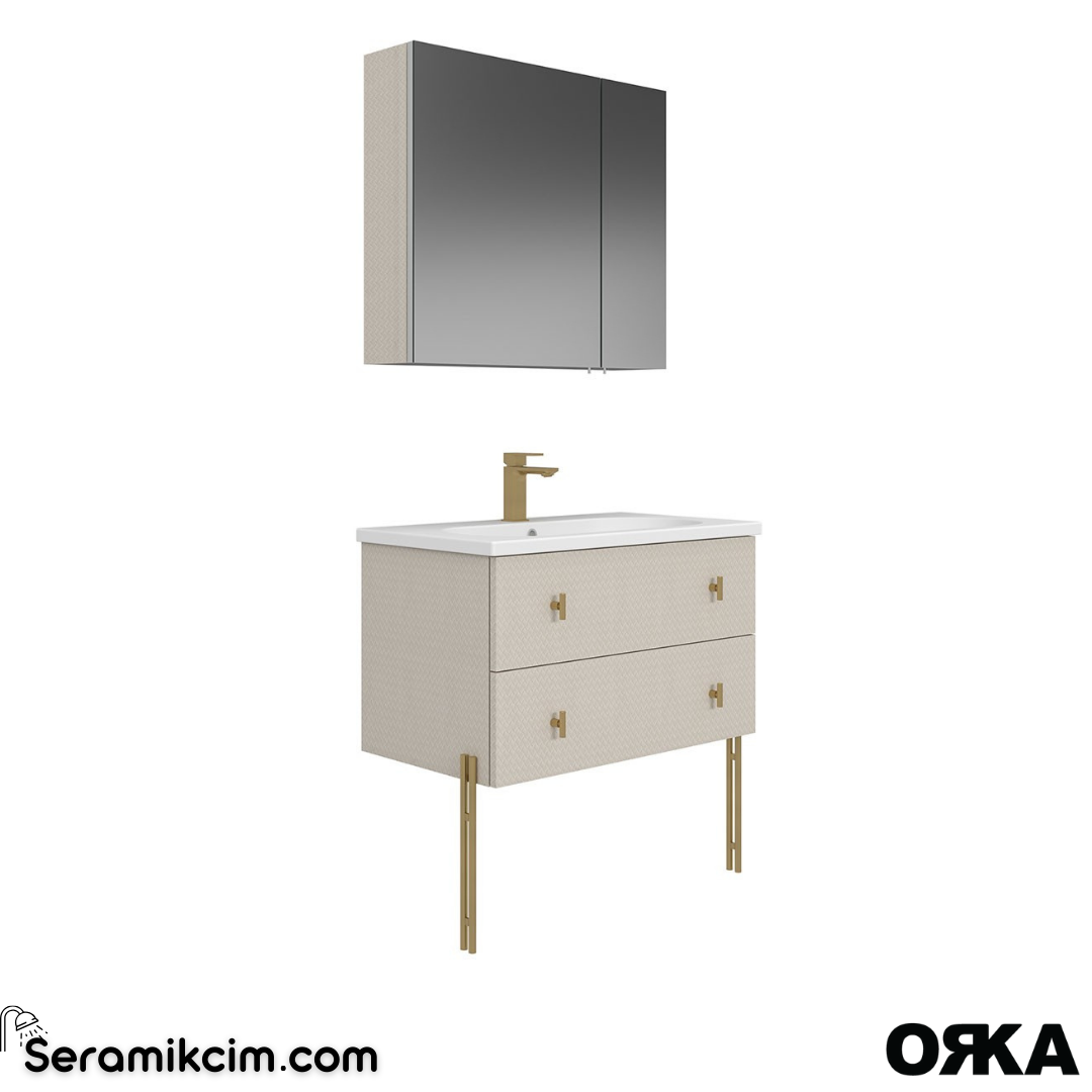 Orka Milazzo 80cm Dolaplı Ayna Ayaklı Banyo Dolabı Set Callisto Altın Detay