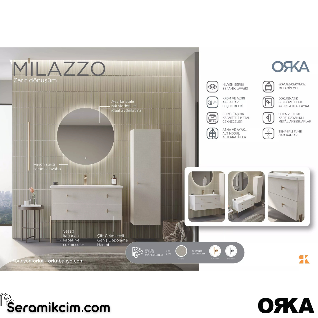 Orka Milazzo 80cm Dolaplı Ayna Ayaklı Banyo Dolabı Set Callisto Krom Detay