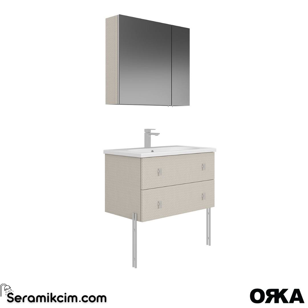 Orka Milazzo 80cm Dolaplı Ayna Ayaklı Banyo Dolabı Set Callisto Krom Detay