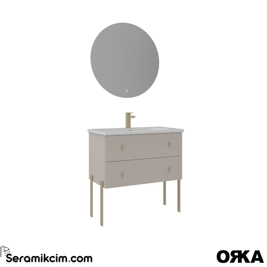 Orka Milazzo 80cm Ledli Ayna Ayaklı Banyo Dolabı Set Callisto Altın Detay