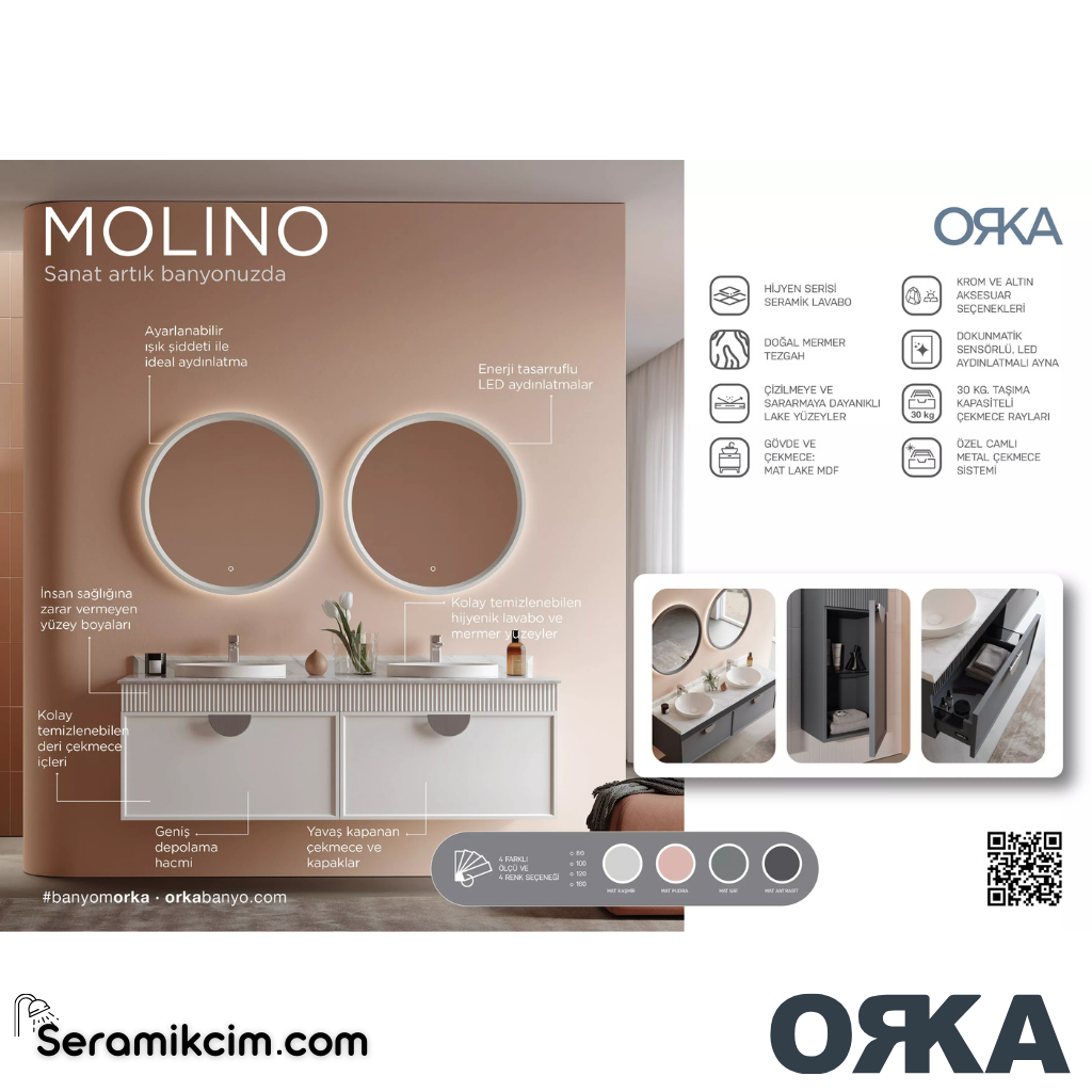 Orka Molino 160cm Banyo Dolabı Set Mat Kaşmir Krom Kulp - ORK161.160.01.TKM