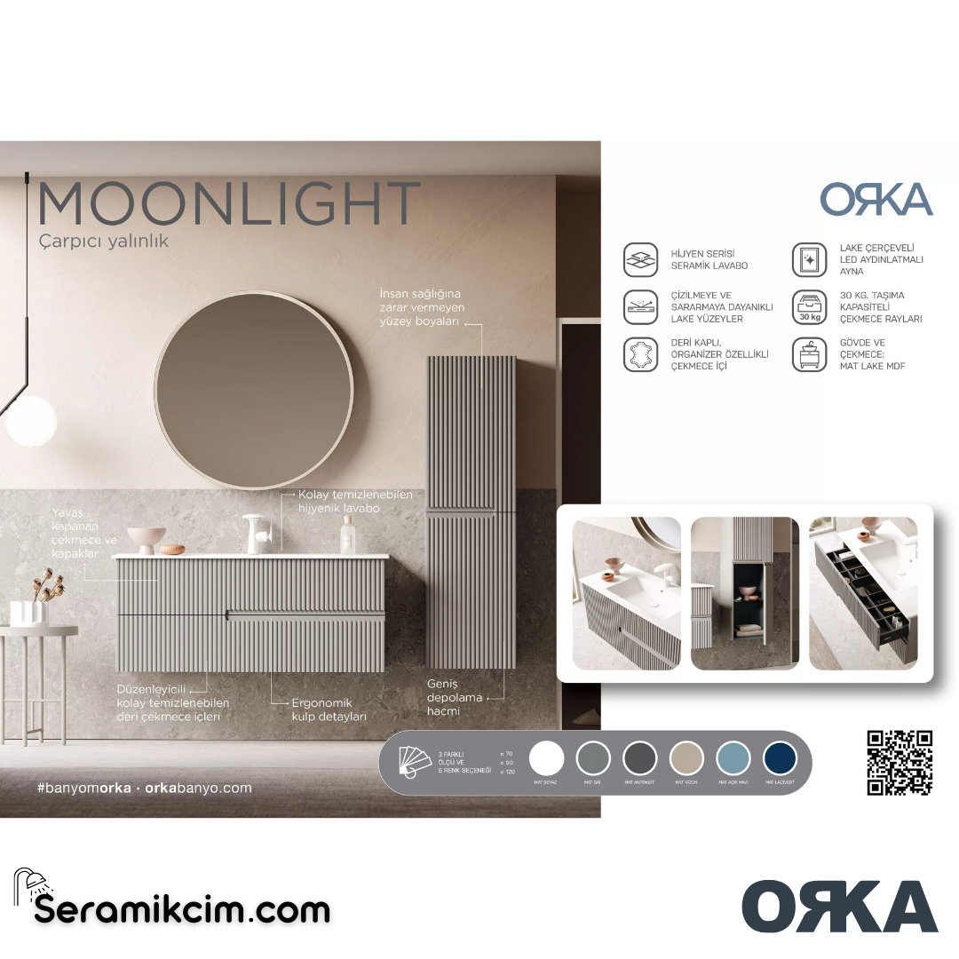 Orka Moonlight 120cm Banyo Dolabı Set Çift Çekmeceli Mat Açık Mavi - ORK160.120.04.TKM