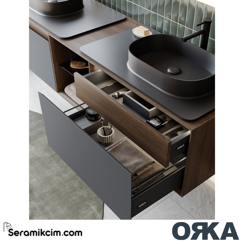 Orka Pacific 140cm Banyo Dolabı Set Mocha Meşe / Mat Antrasit - ORK200.140.01.TKM
