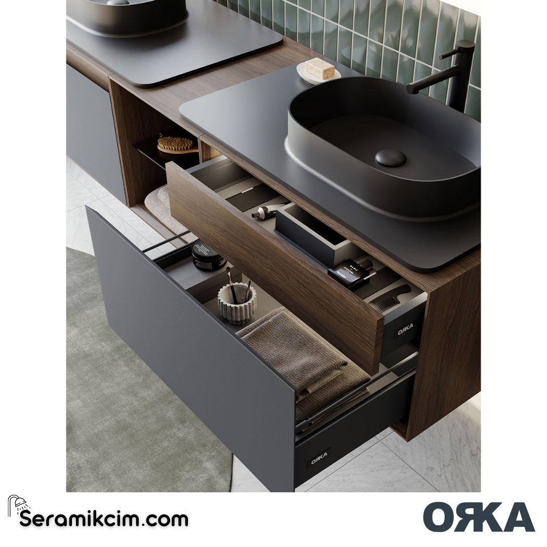Orka Pacific 180cm Banyo Dolabı Set Mocha Meşe / Mat Antrasit - ORK200.180.01.TKM