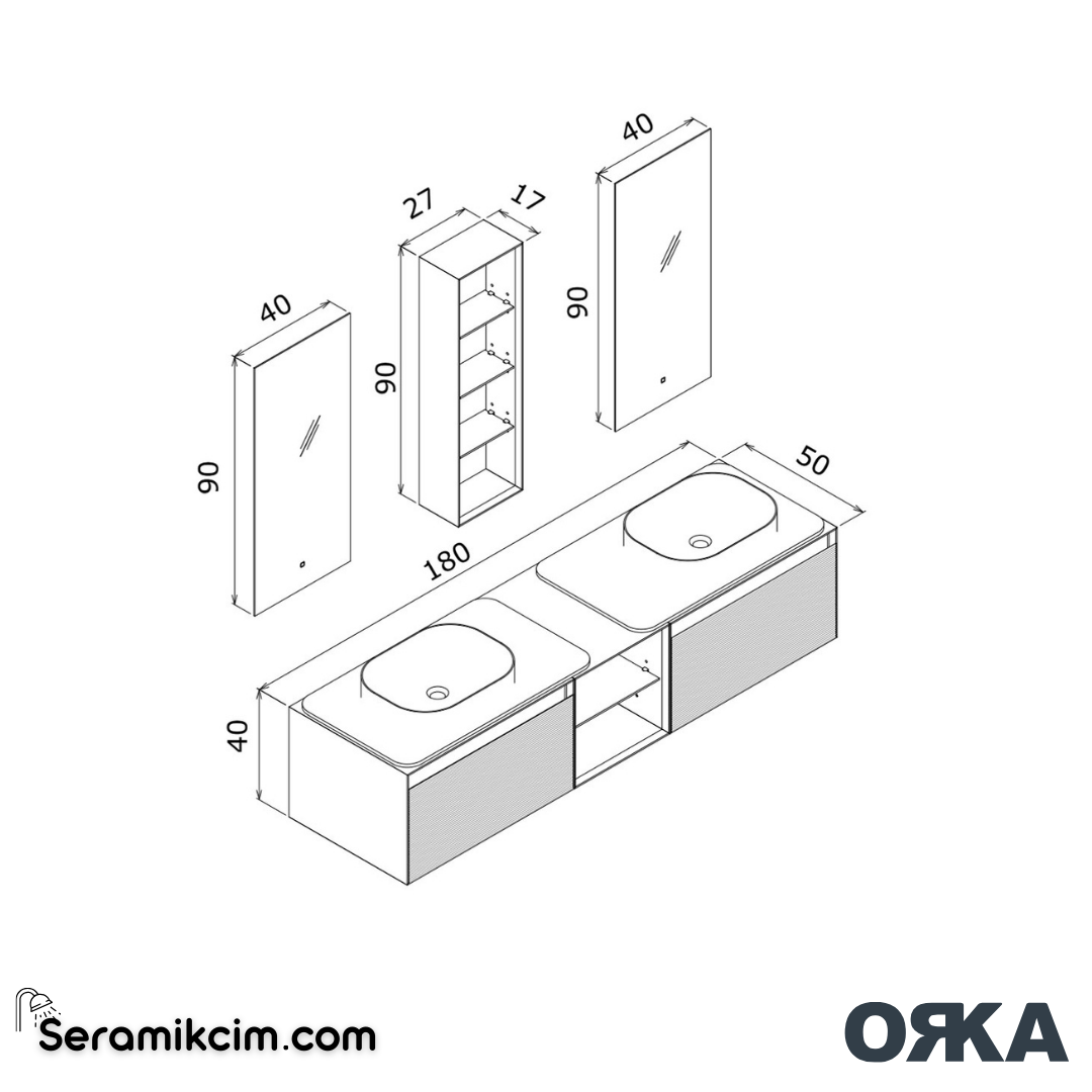 Orka Pacific 180cm Banyo Dolabı Set Mocha Meşe / Mat Vizon - ORK200.180.04.TKM