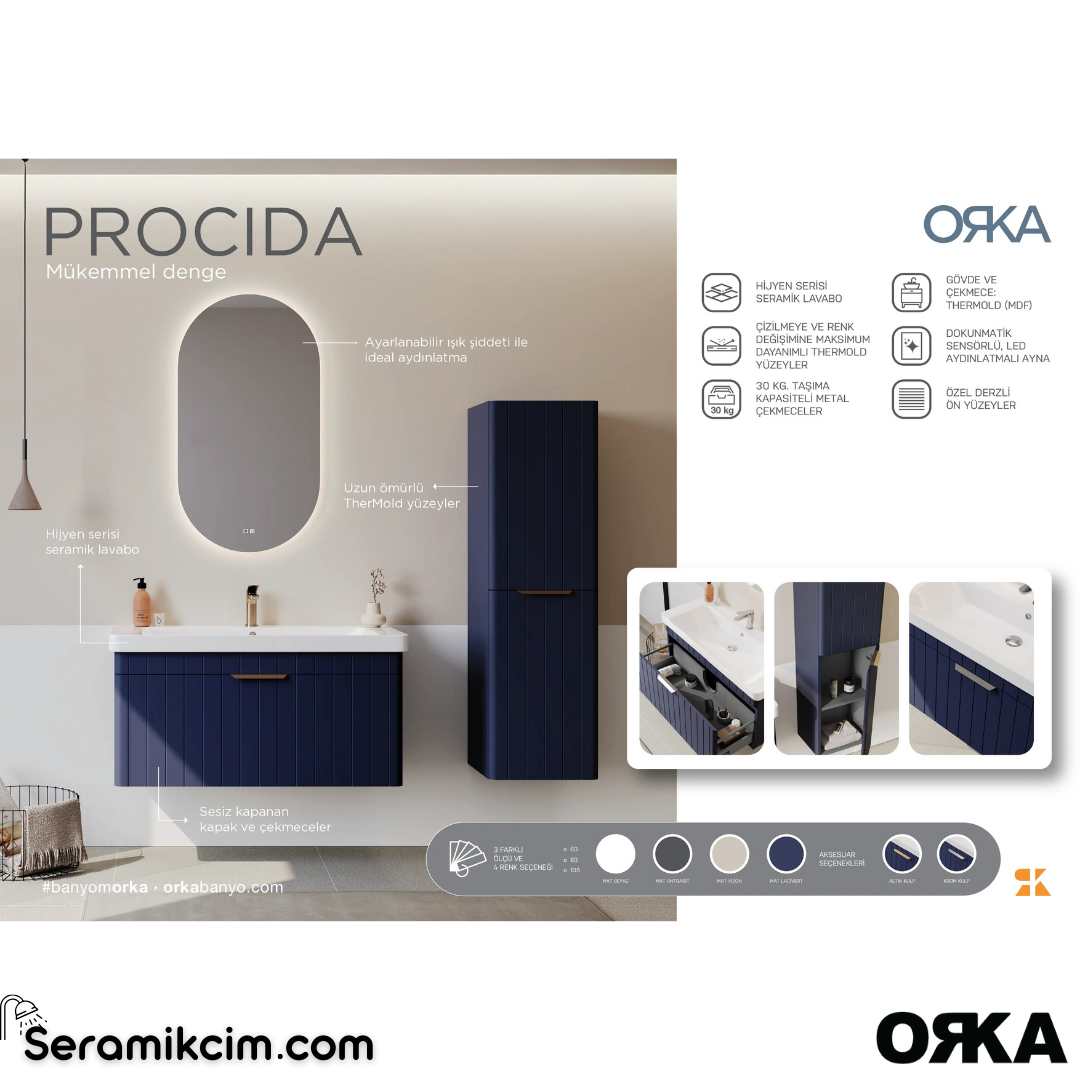 Orka Procida 105cm Banyo Dolabı Set (Krom Detay) Mat Beyaz