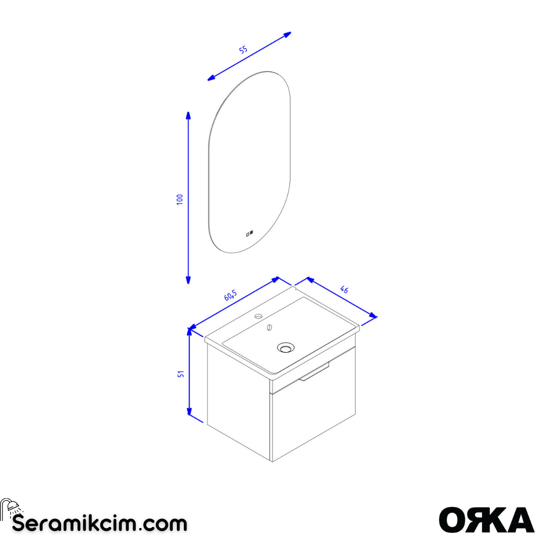 Orka Procida 60cm Banyo Dolabı Set (Krom Detay) Mat Lacivert