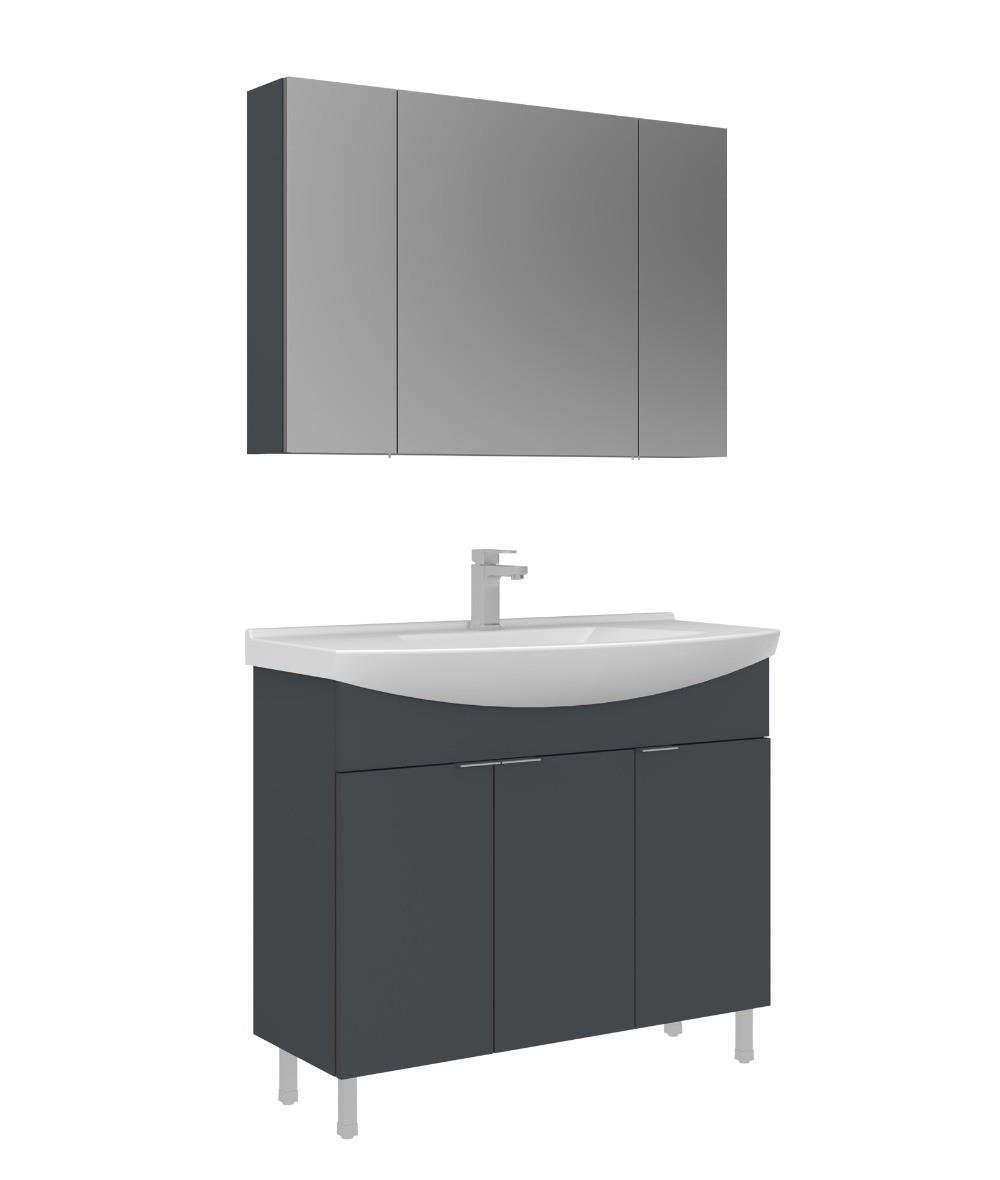Orka Purus 100cm Ayaklı Banyo Dolabı Set Kapaklı Dolaplı Ayna Mat Antrasit