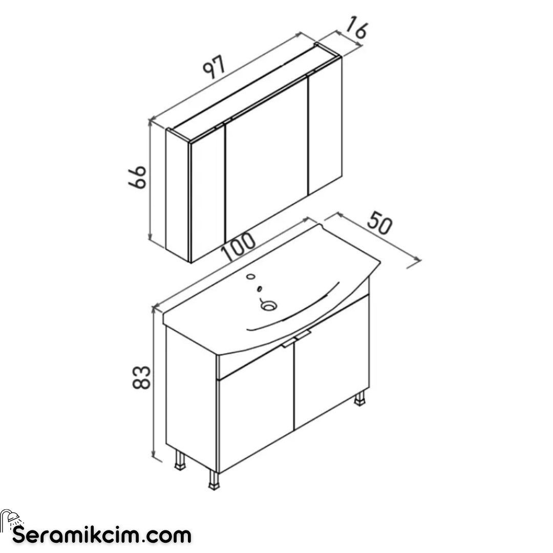 Orka Purus 100cm Ayaklı Banyo Dolabı Set Kapaklı Dolaplı Ayna Budva