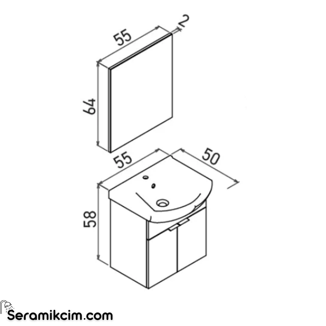 Orka Purus 55cm Asma Banyo Dolabı Set Kapaklı Düz Aynalı Parlak Beyaz
