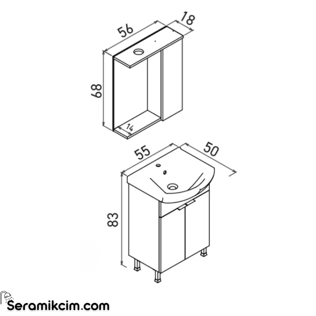 Orka Purus 55cm Ayaklı Banyo Dolabı Set Kapaklı Spot Aynalı Budva