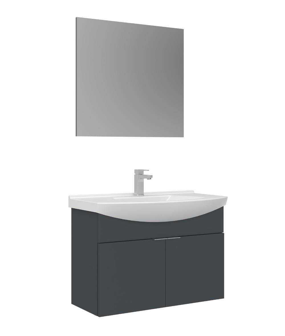 Orka Purus 80cm Asma Banyo Dolabı Set Kapaklı Düz Aynalı Mat Antrasit