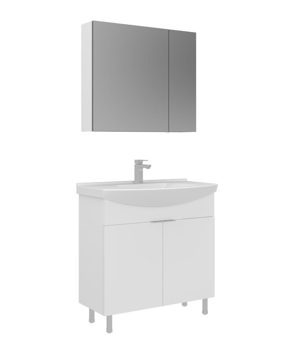 Orka Purus 80cm Ayaklı Banyo Dolabı Set Kapaklı Dolaplı Ayna Parlak Beyaz