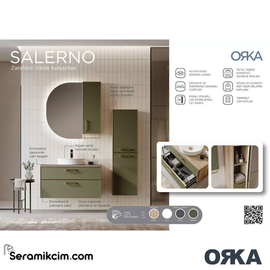 Orka Salerno 60cm Banyo Dolabı Set Mat Altın Kulp Legnano / Mat Sardunya - ORK221.60.03.TKM