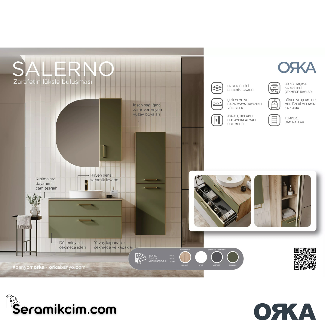 Orka Salerno 60cm Banyo Dolabı Set Mat Krom Kulp Legnano / Mat Sardunya - ORK222.60.03.TKM