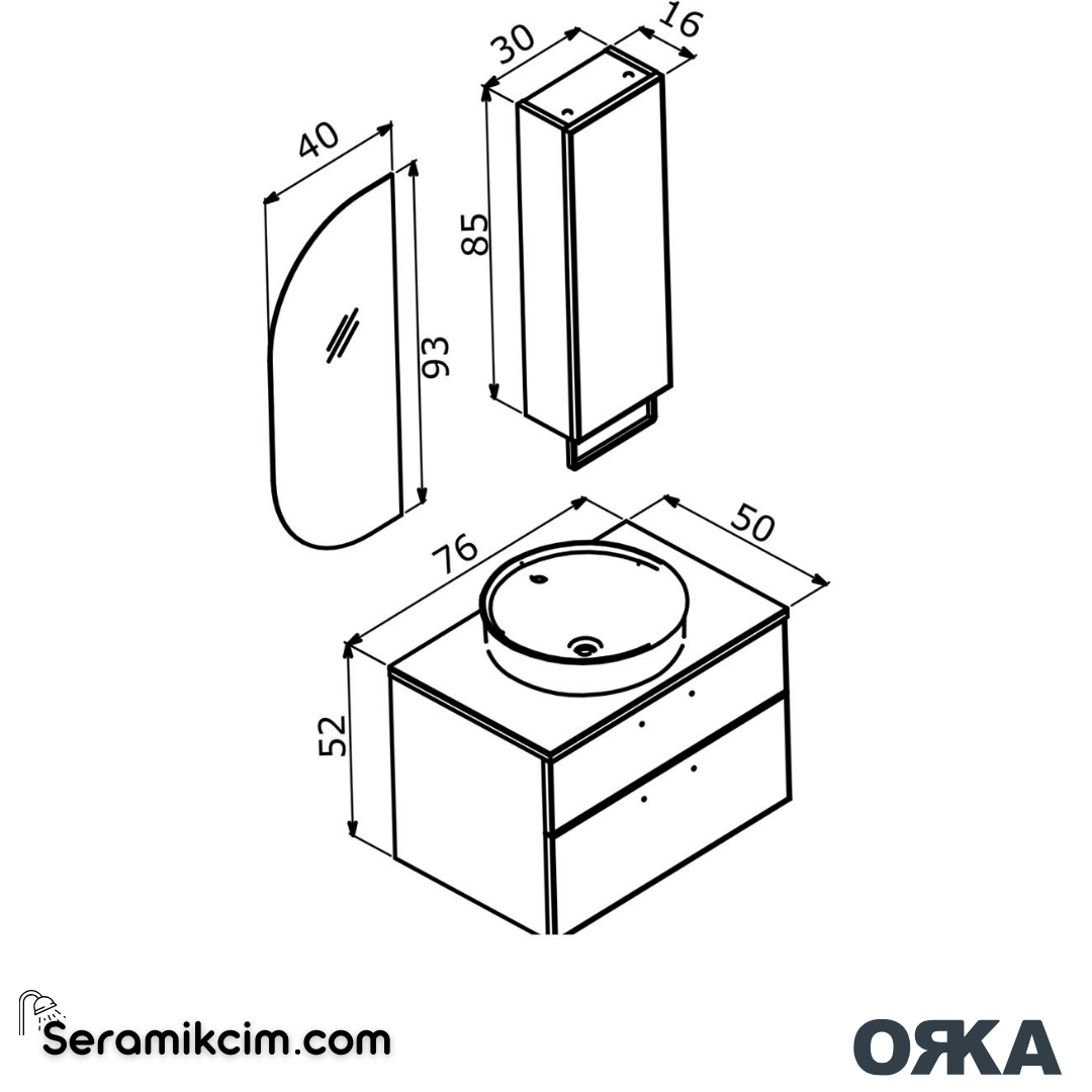 Orka Salerno 75cm Banyo Dolabı Set Mat Krom Kulp Legnano / Mat Antrasit - ORK222.75.01.TKM