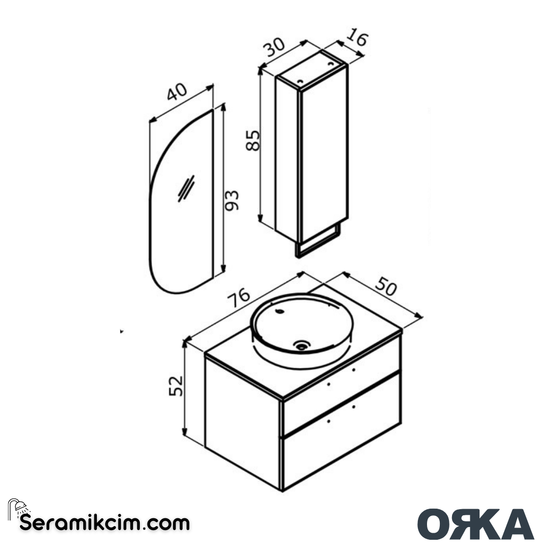 Orka Salerno 75cm Banyo Dolabı Set Mat Altın Kulp Legnano / Mat Sardunya - ORK221.75.03.TKM