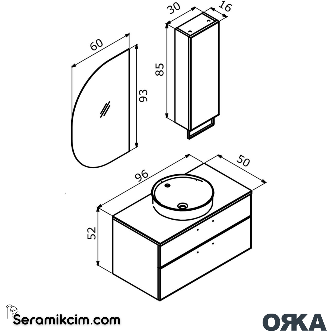 Orka Salerno 95cm Banyo Dolabı Set Mat Altın Kulp Legnano / Mat Antrasit - ORK221.95.01.TKM