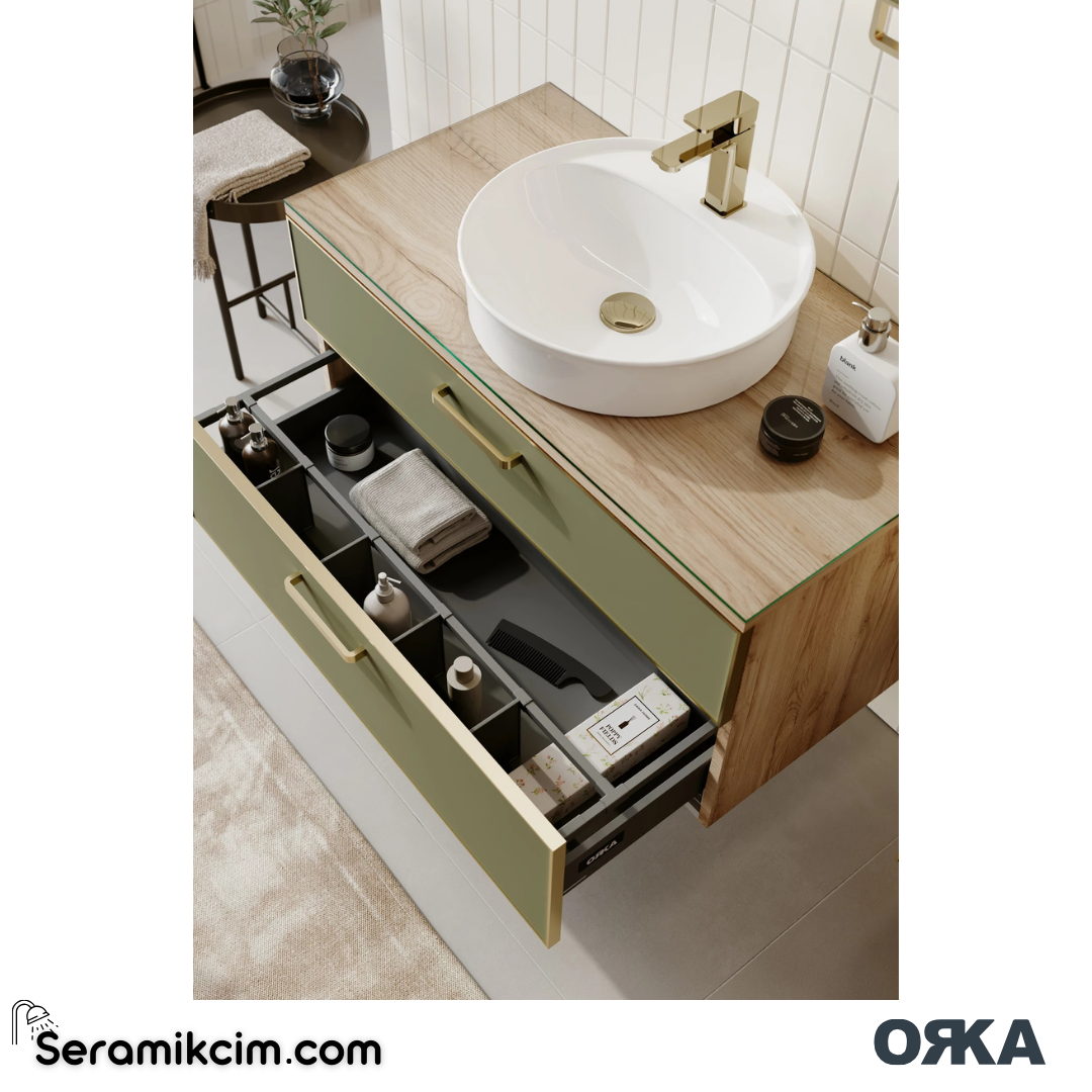 Orka Salerno 95cm Banyo Dolabı Set Sardunya - Mat Altın - SLRN100T
