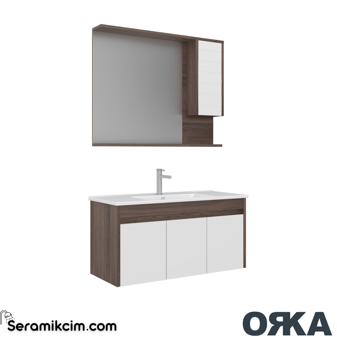 Orka Serra 100cm Asma Banyo Dolabı Set Kapaklı Dolaplı Ayna Navaro / Beyaz