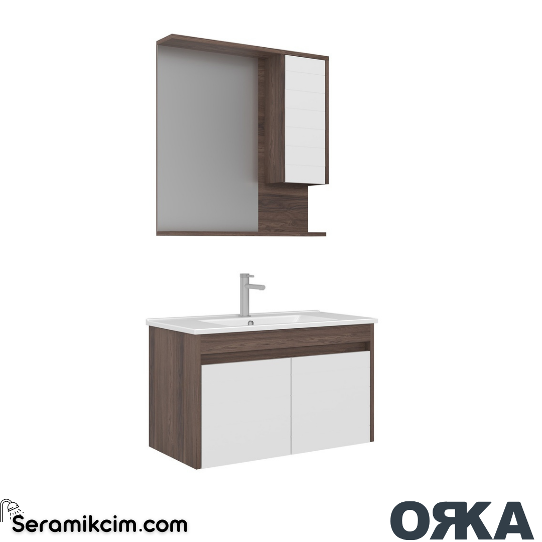Orka Serra 85cm Asma Banyo Dolabı Set Kapaklı Dolaplı Ayna Navaro / Beyaz