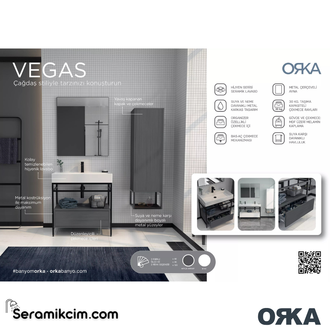 Orka Vegas 120cm Banyo Dolabı Set Beyaz / Siyah Lavabo - ORK271.120.04.TKM