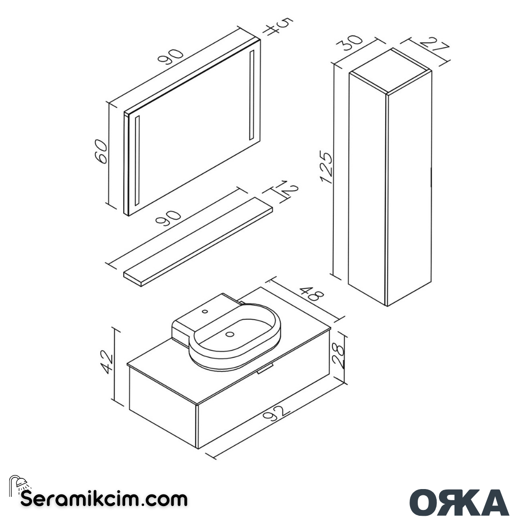 Orka Yalıköy 90cm Banyo Dolabı Set Siyah Lavabo - ORK28.90.02.TKM