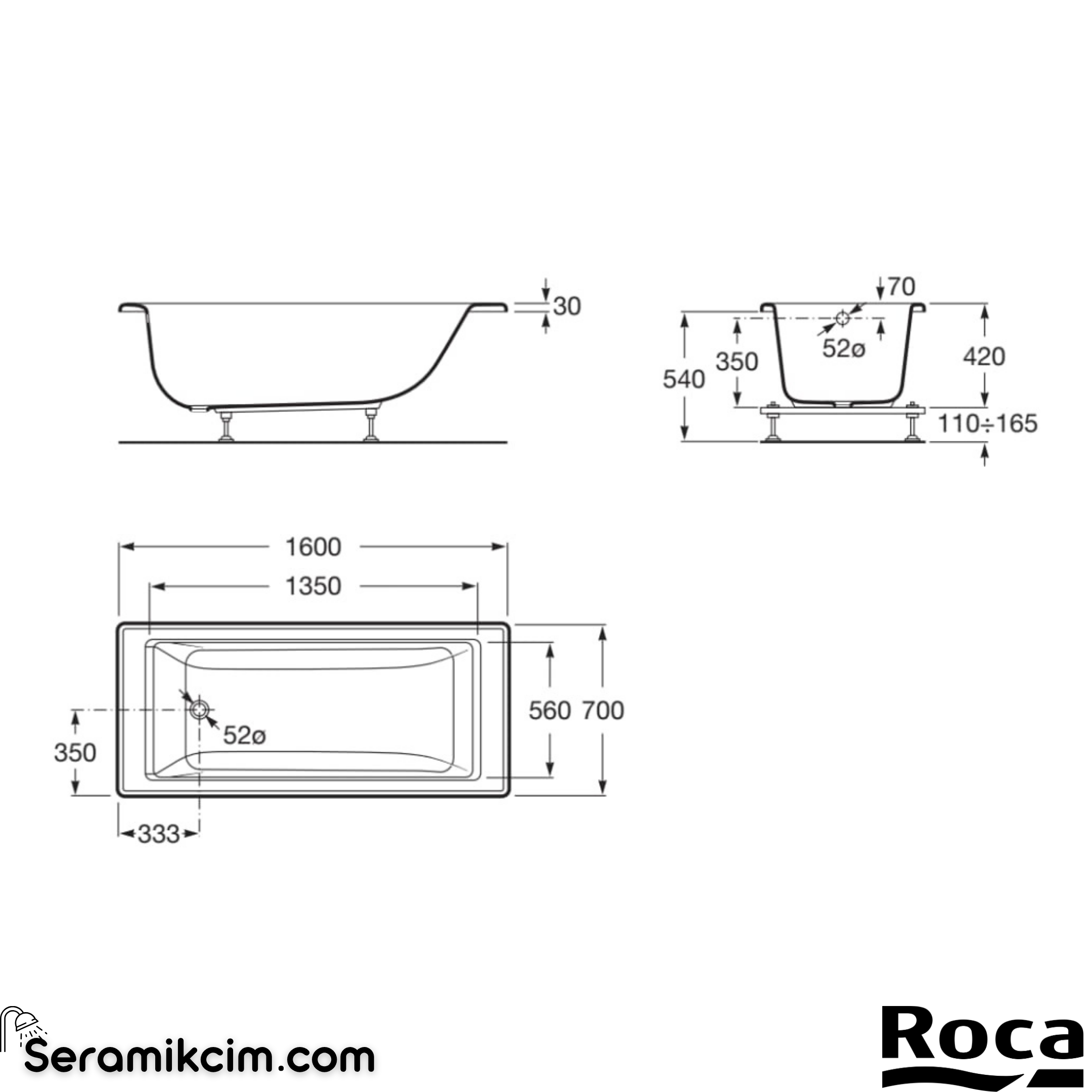 Roca Vythos 1600 X 700 mm, Dikdörtgen Akrilik Küvet