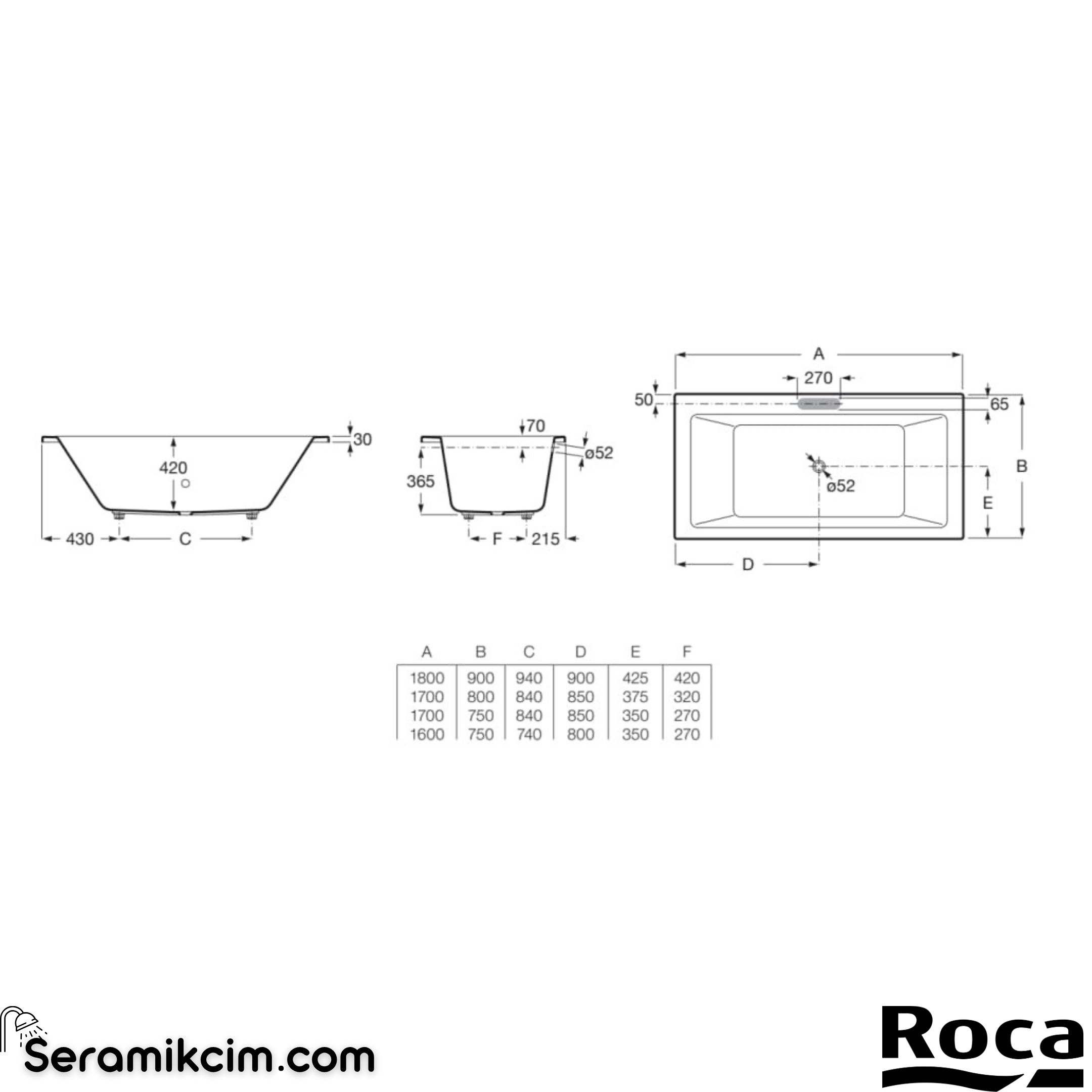 Roca Vythos 1700 X 800 mm, Dikdörtgen Akrilik Küvet