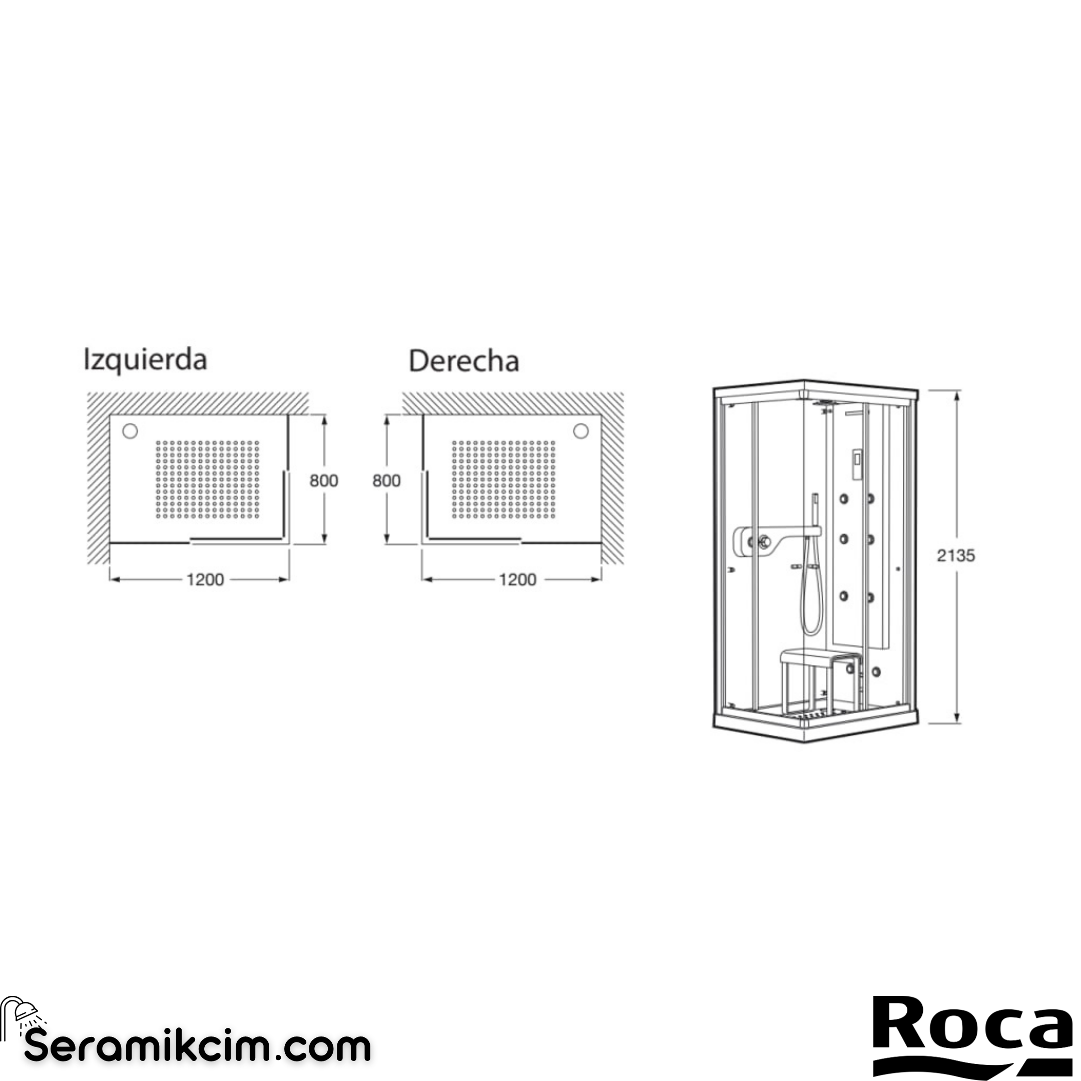 Roca Zen Basic 120x80 cm, Sağdan Hidromasaj Kabini (Duş jetleri Sağ Tarafta) A2H0431000