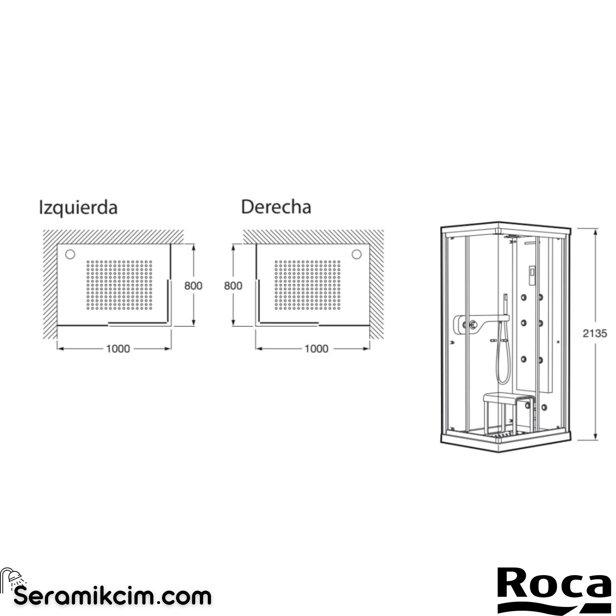 Roca Zen Club 1200 X 800 mm, Sağdan Hidromasaj Kabini (Duş jetleri Sağ Tarafta)
