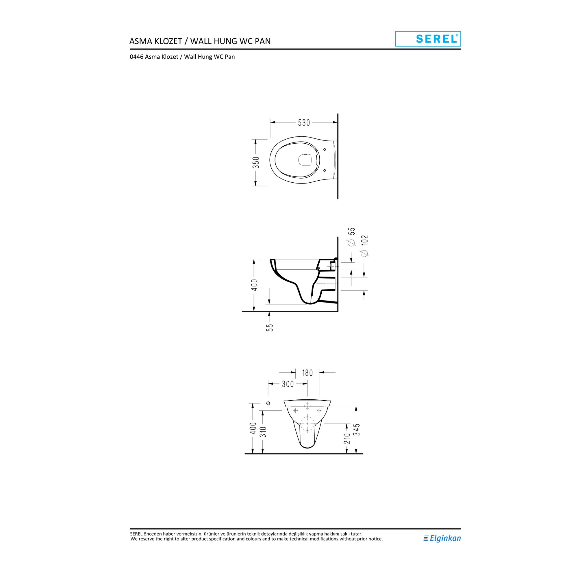 Serel Basic Kanalsız Asma Klozet (53 x 36 cm) 0446ODS110H