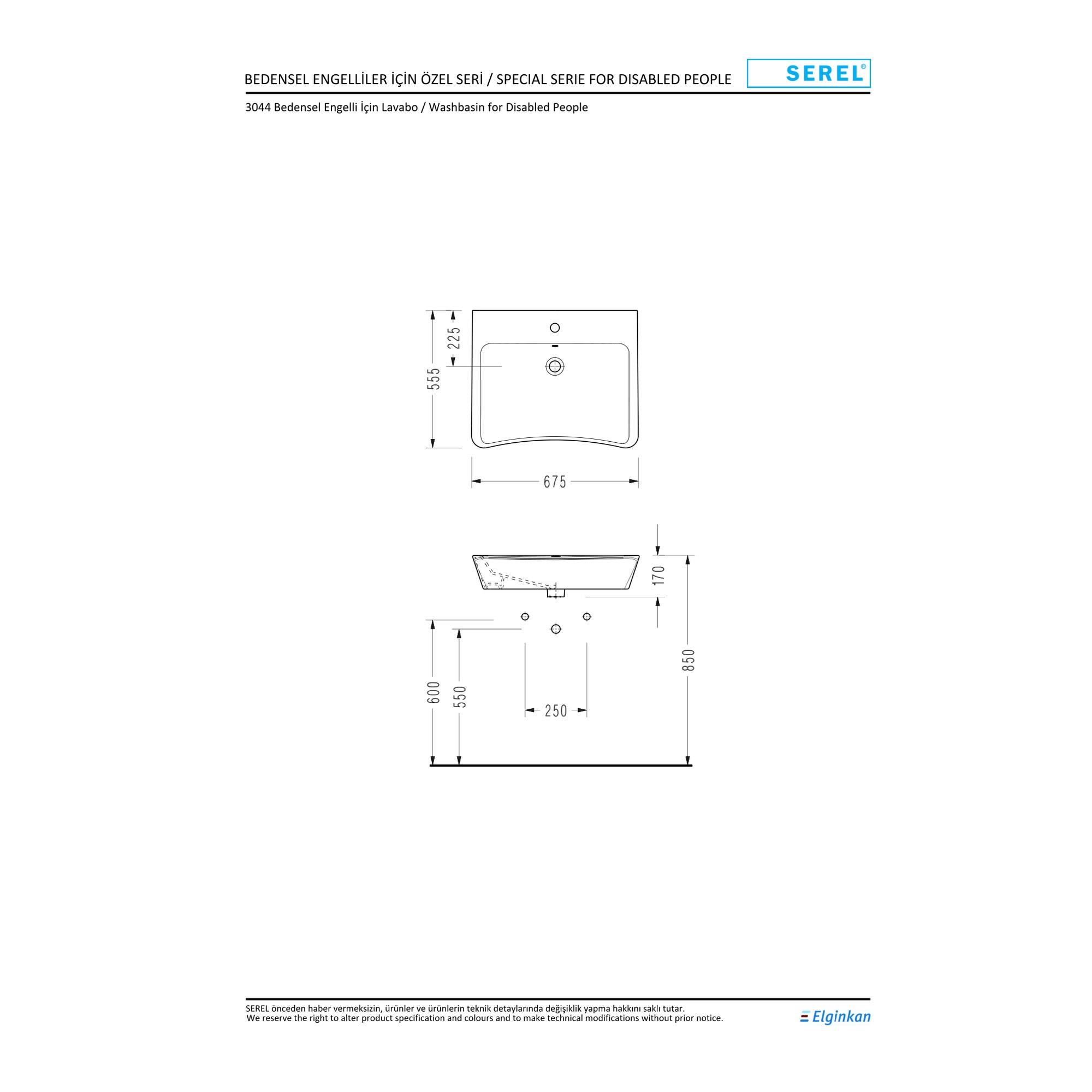 Serel Bedensel Engelli Lavabo (55,5 x 67,5 cm) 3044TDS110H