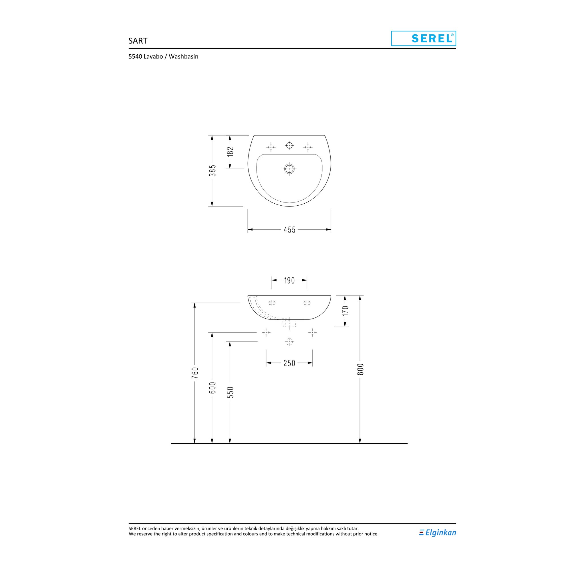 Serel Duvara Asma Lavabo 45 cm 5540TDS000S