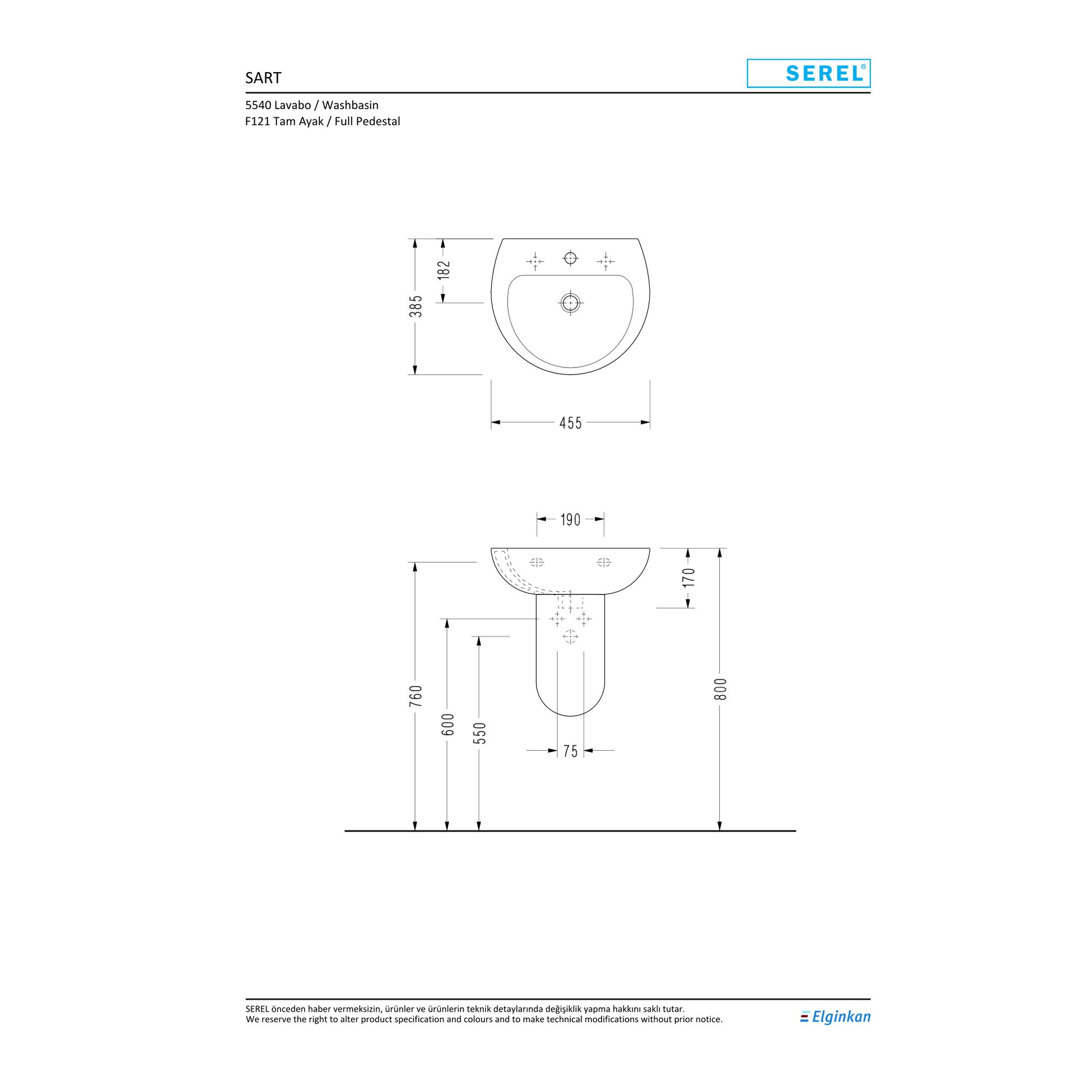 Serel Duvara Asma Lavabo 45 cm 5540TDS000S