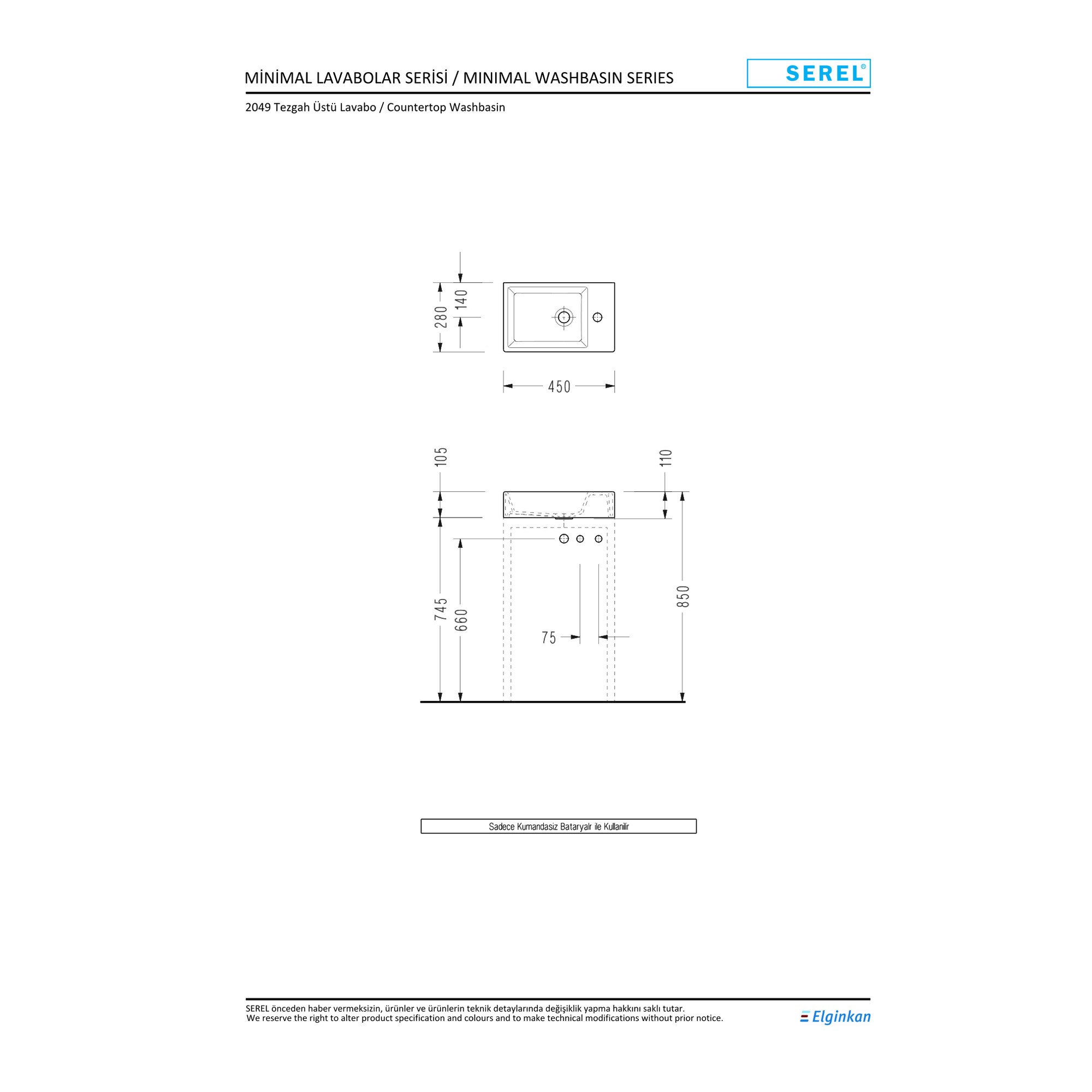 Serel Minimal Tezgah Üstü Dikdörtgen Lavabo (28 x 45 cm) 2049TXS110H