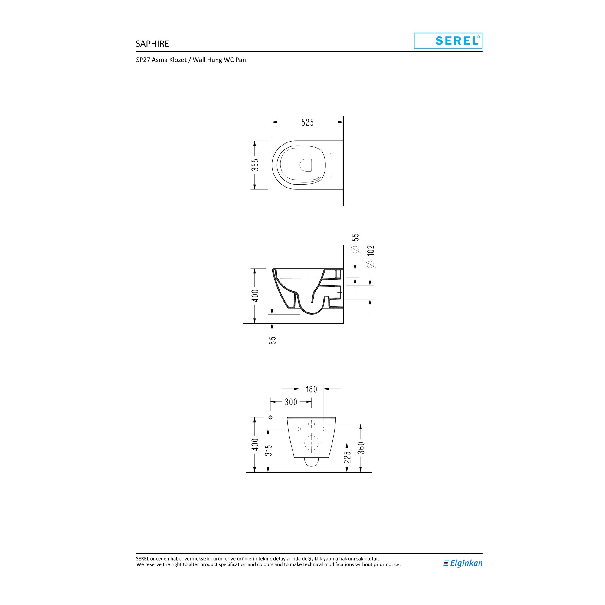Serel Sapphire Kanalsız Asma Klozet SP27ADS110H