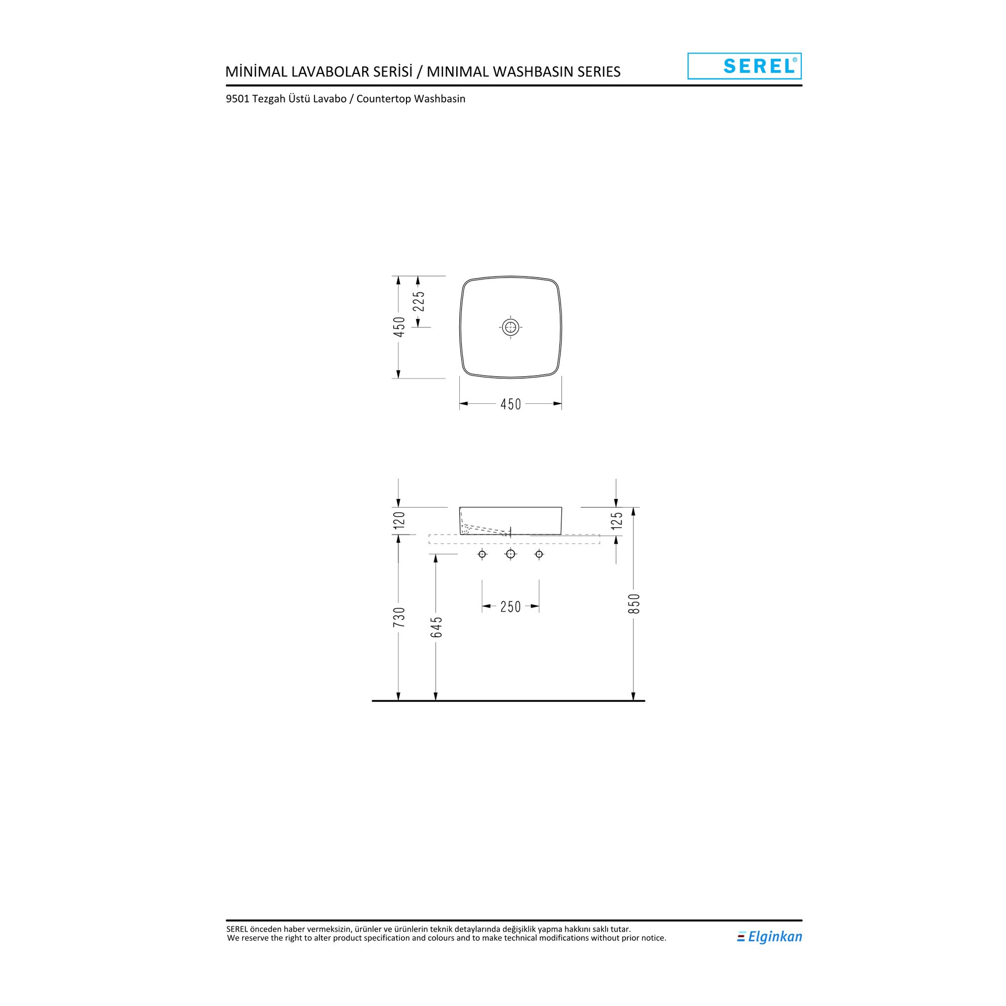 Serel Slimline Kare Tezgah Üstü Lavabo (45 x 45 cm) 9501DXS110H
