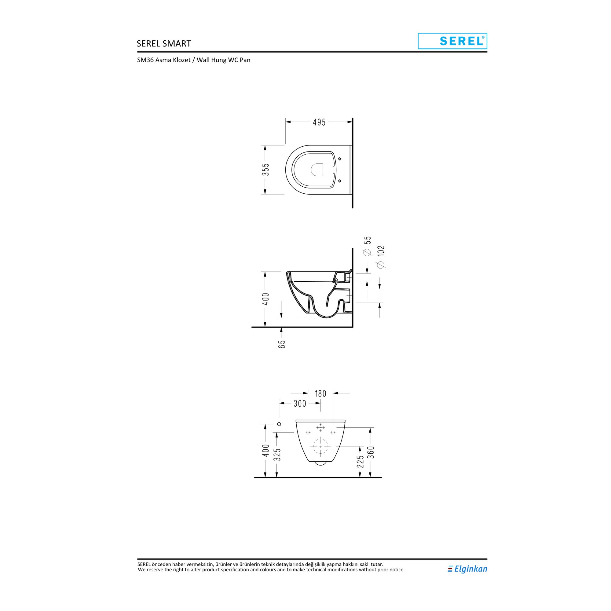 Serel Smart Kanalsız Asma Klozet (48,5 x 35,5 cm) SM36ADS110H