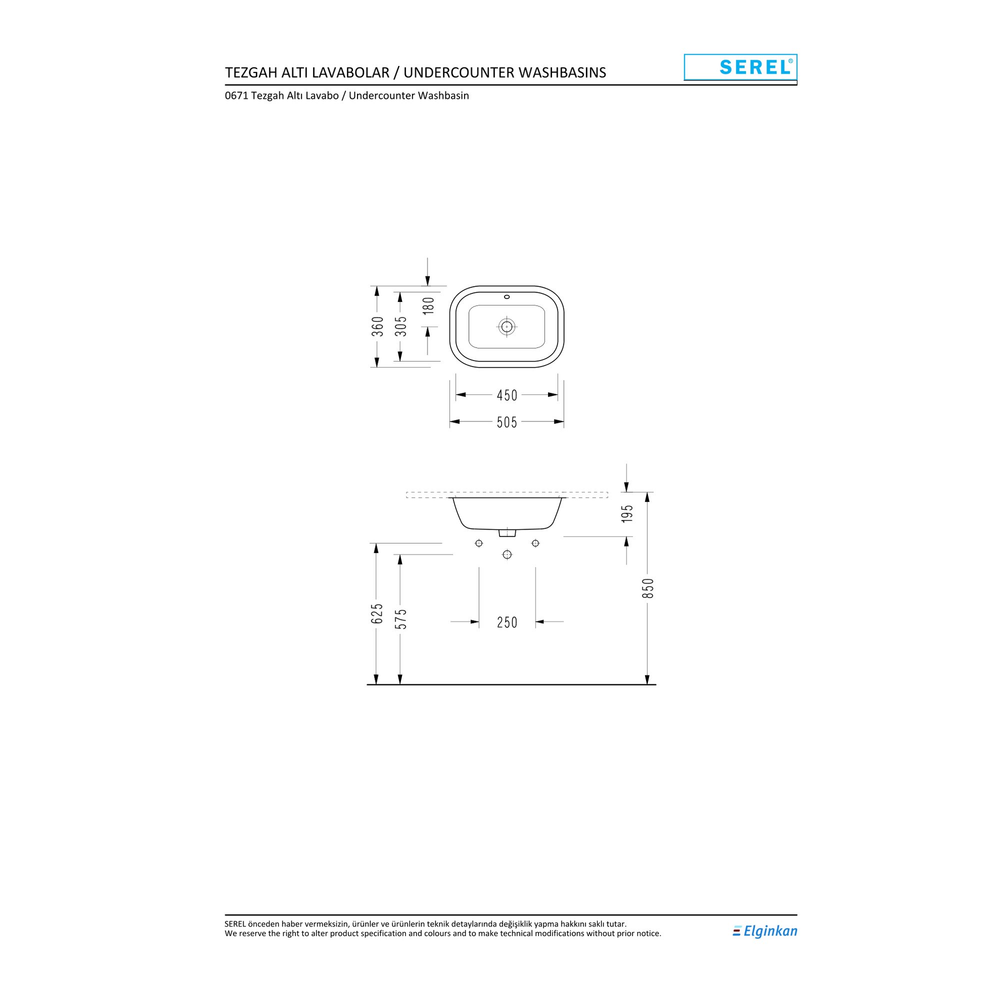 Serel Tezgah Altı Dikdörtgen Lavabo - 50 cm 0671DSS000S