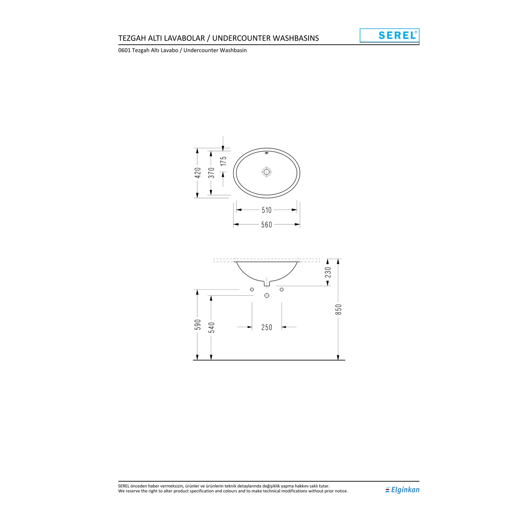 Serel Tezgah Altı Oval Lavabo - 56 cm 0601DSS000S
