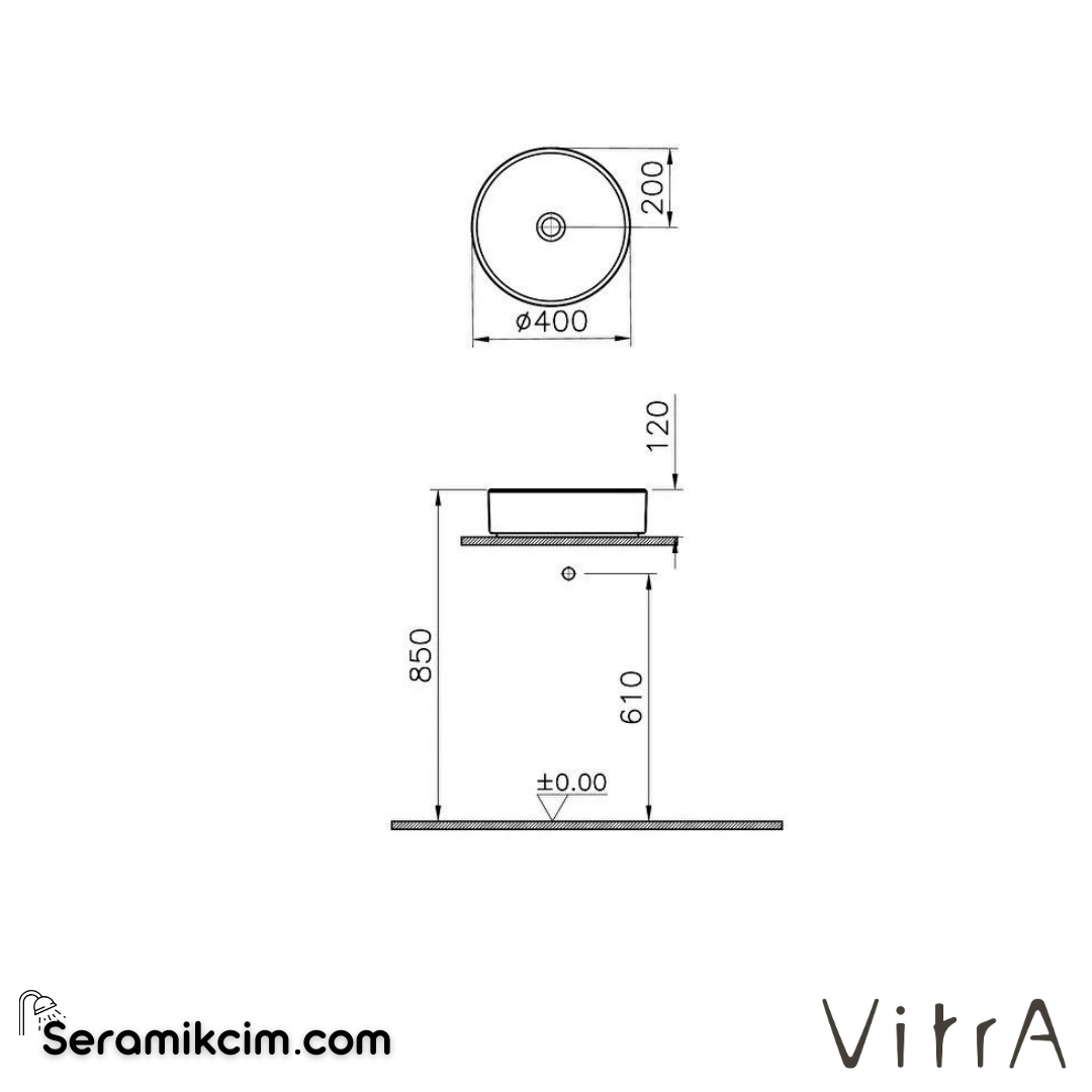 VitrA Archiplan Çanak Lavabo Yuvarlak, 40x40 cm Armatür Deliksiz, Su Taşma Deliksiz, Mat Taş Gri - 7439B076-0016