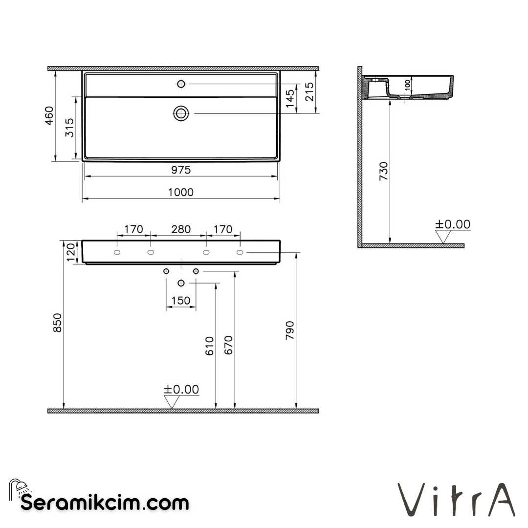 VitrA Archiplan Lavabo 100x46 cm Tek Armatür Delikli, Su Taşma Delikli, Beyaz - 7417B003-0001