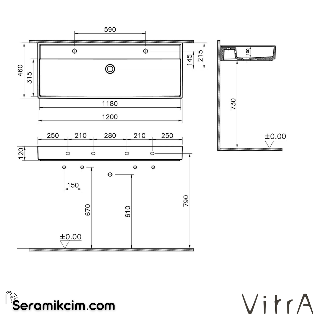 VitrA Archiplan Lavabo 120x46 cm Çift Armatür Delikli, Su Taşma Delikli, Beyaz - 7418B003-0001