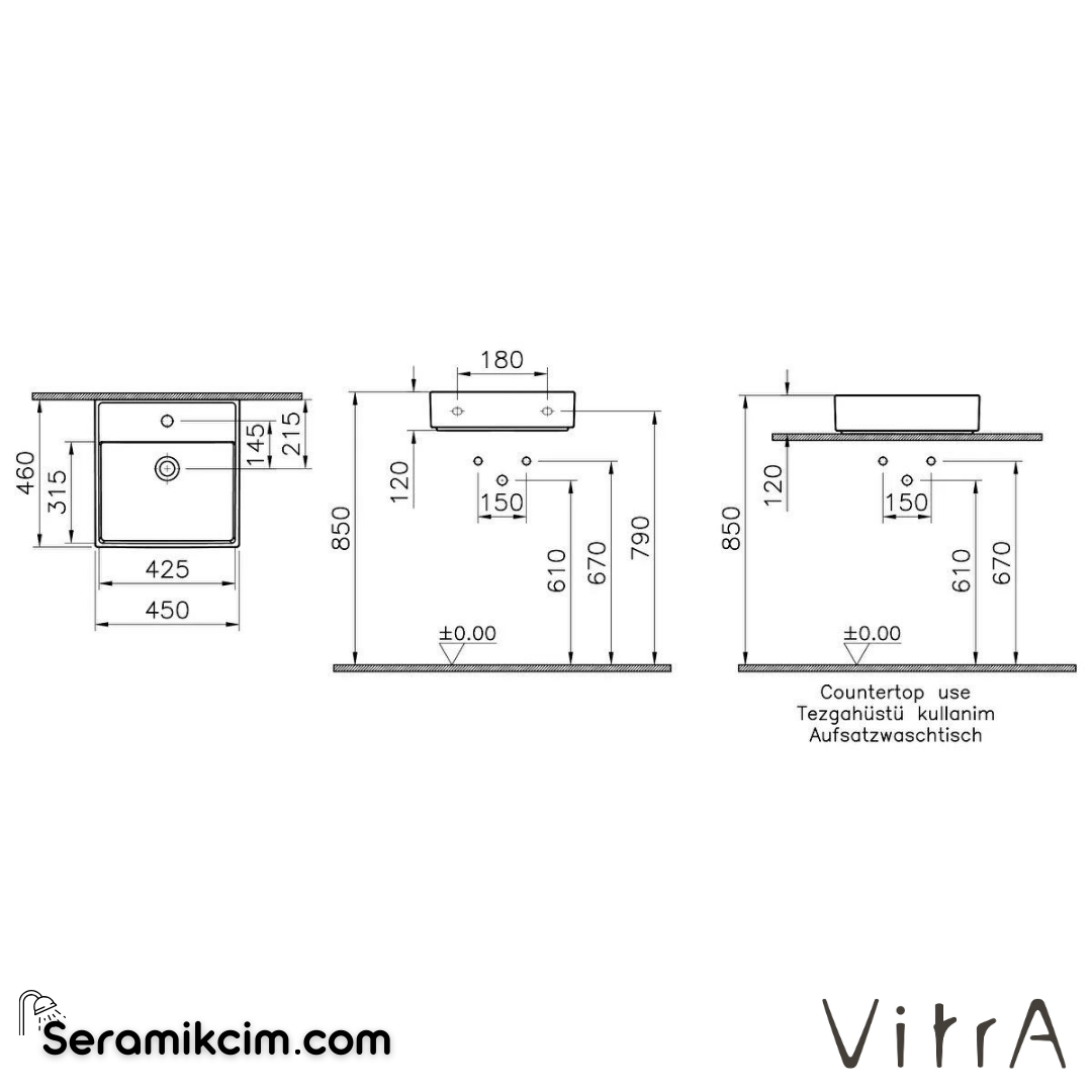 VitrA Archiplan Lavabo 45x46 cm Tek Armatür Delikli, Su Taşma Delikli, Beyaz - 7413B003-0001