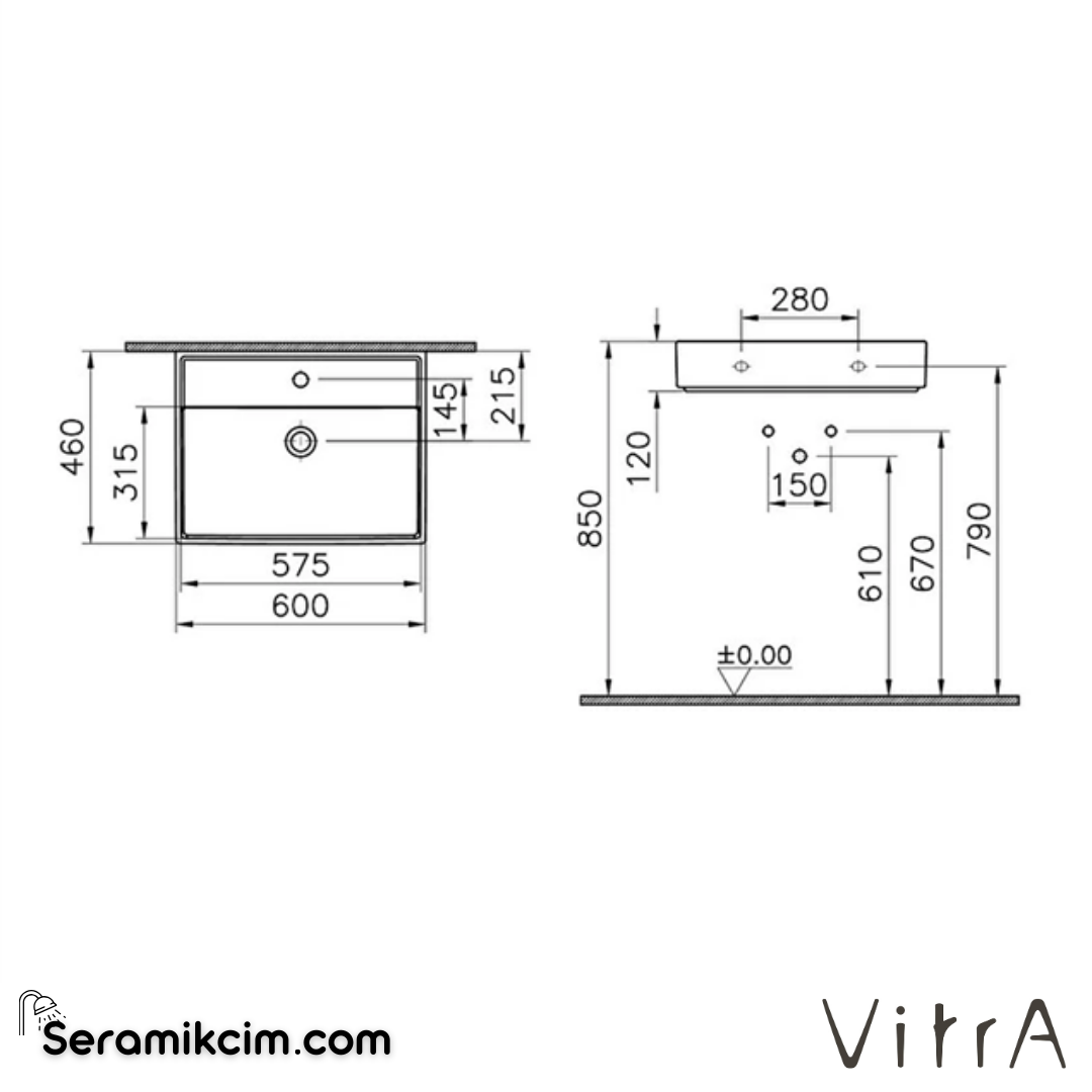 VitrA Archiplan Lavabo 60x46 cm Tek Armatür Delikli, Su Taşma Delikli, Mat Taş Gri - 7414B076-0001