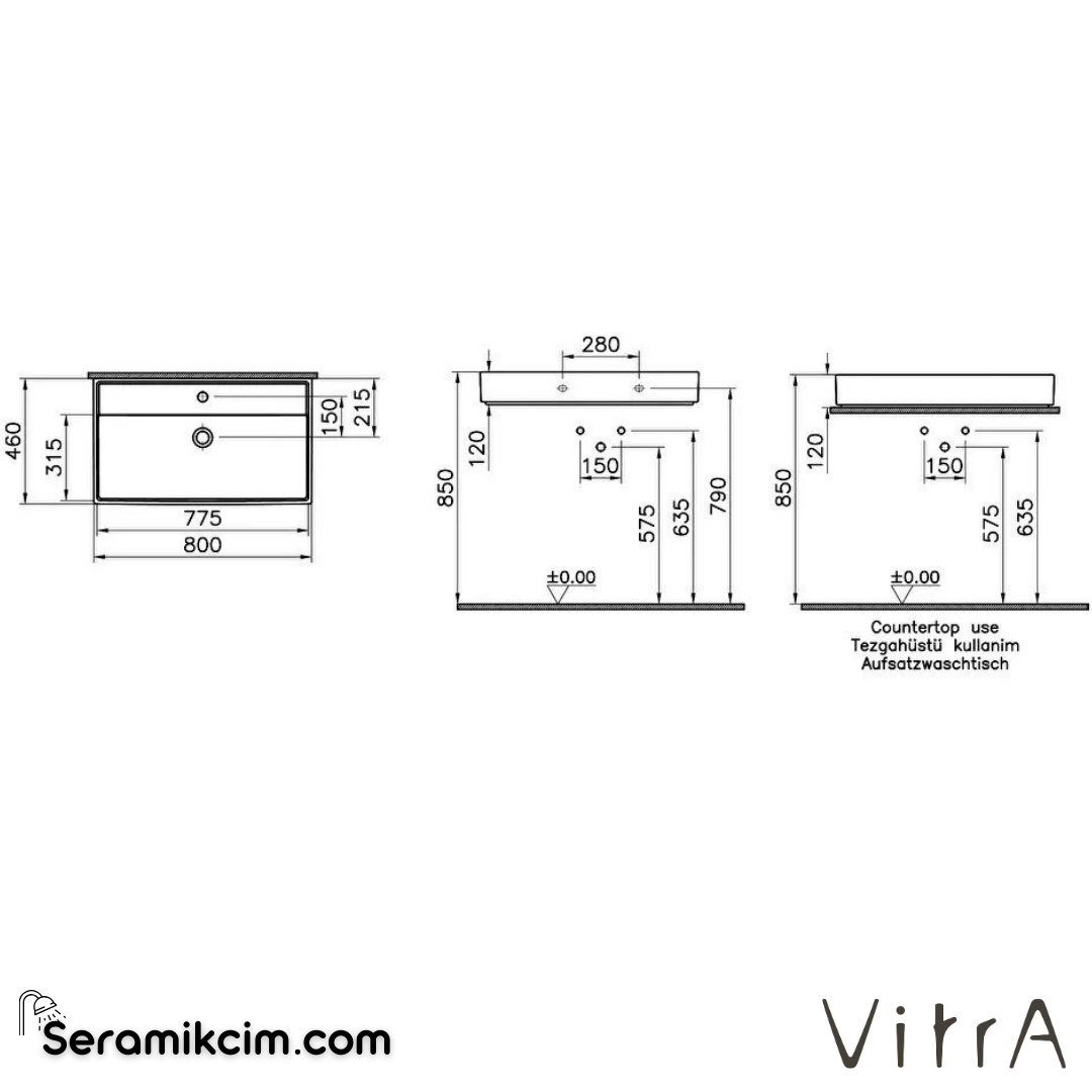 VitrA Archiplan Lavabo 80x46 cm Tek Armatür Delikli, Su Taşma Delikli, Mat Terra Rosa - 7415B077-0001